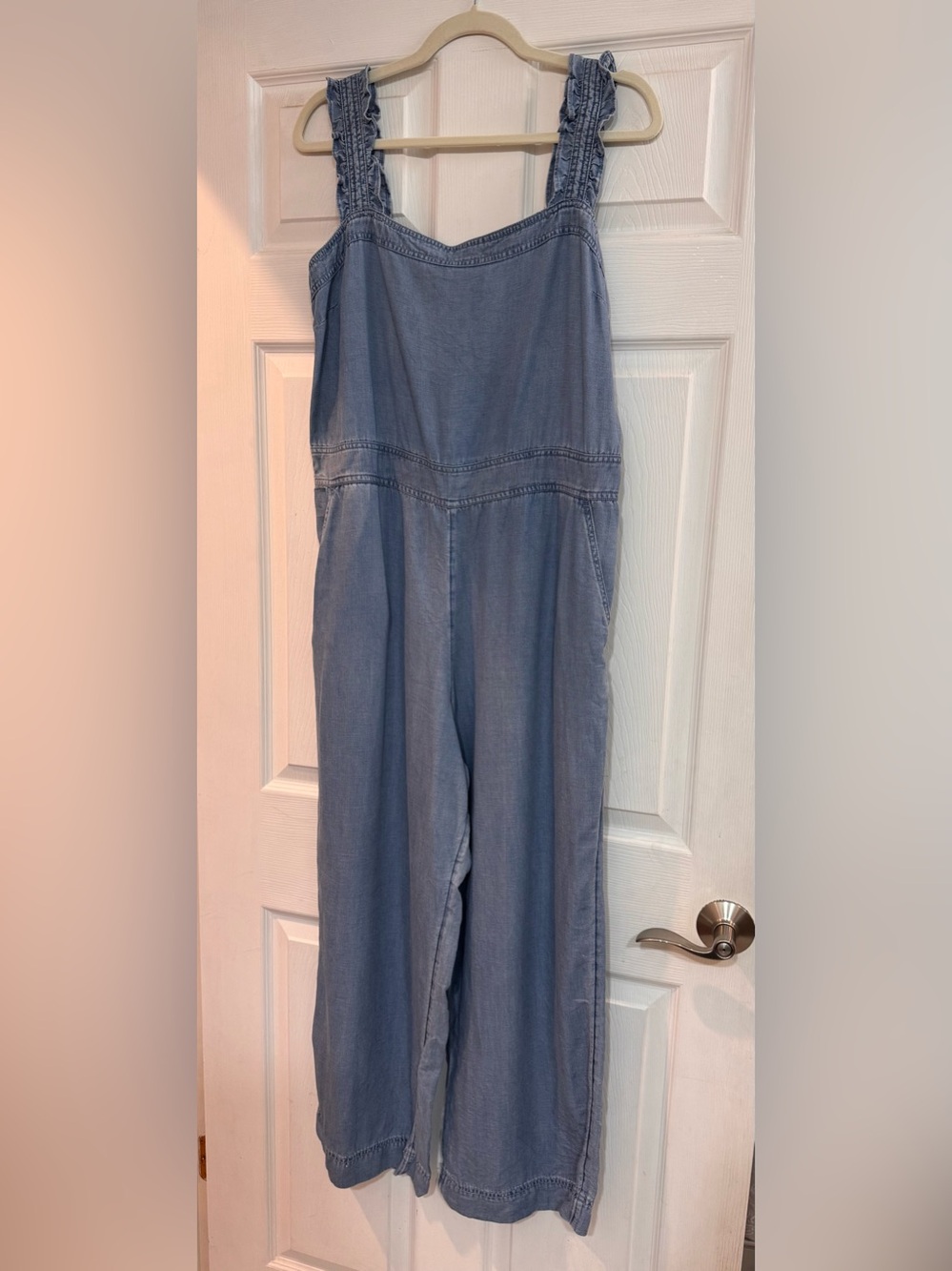 LOFT Light Blue Denim Jumpsuit with Ruffled Straps